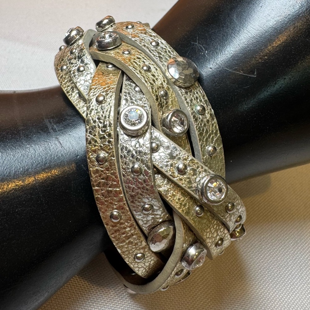 Brighton Silver and Gold Boho Leather Studded Bracelet with Rhinestones ‘Harlow’